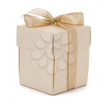 Isolated gift box with golden ribbon on white background