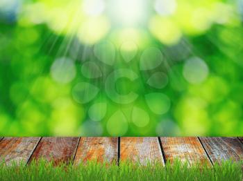 Green grass with wooden walkway over sunny nature background
