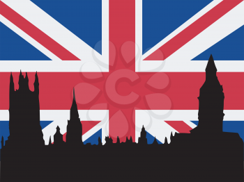 silhouette of London on British flag background