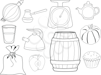 set of vector, outline illustrations of kitchen objects and foods