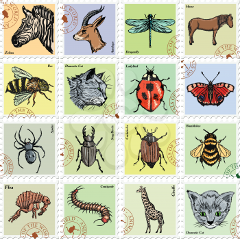 animal stamps with giraffe, cat, bee and other animals