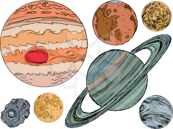 set of hand drawn, vector illustration of objects of solar system