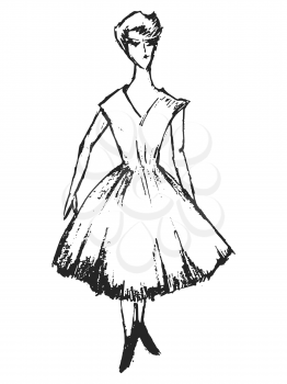 Vector, hand drawn, sketch illustration of girl in style of 50s. Motives of style and fashion, retro, vintage, clothes