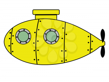 Vector illustration of yellow submarine. Side view. Motives of cartoon objects, underwater vehicles, nautical transport