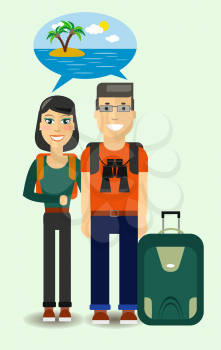 Couple Flat Young Travelers dreaming about sunny beach. Colorful Vector Illustration