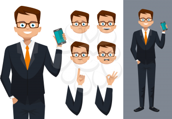 Man character design. Businessman isolated on white background. Businessman character design. Businessman with different facial expressions.