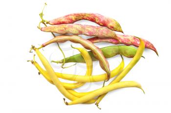 Yellow, pink and green beans isolated on white background