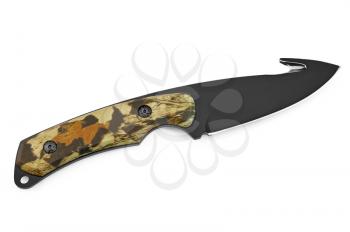 Hunting knife with black blade and a protective pattern on the handle isolated on white background