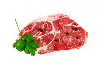 A piece of raw meat with parsley leaf, peppercorns and mustard isolated on white background
