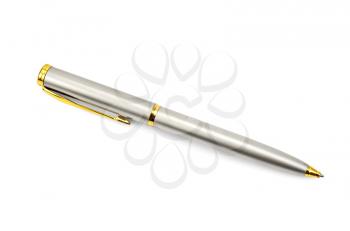 Silver metal pen with gold detail isolated on white background