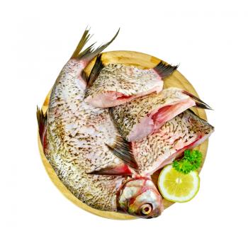 Bream whole peeled and sliced pieces on a round board with lemon and parsley isolated on white background