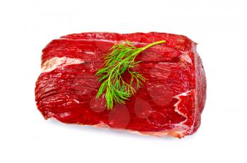 The whole piece of beef with a sprig of dill isolated on white background