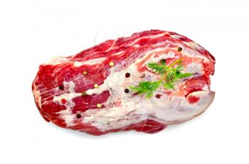 Large piece of meat with peas of different peppers, mustard and dill isolated on white background