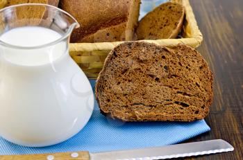 Hunk of homemade rye bread, wicker basket with bread, knife on blue napkin against a wooden board