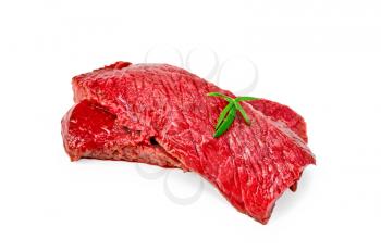 Two slices of beef, rosemary isolated on white background