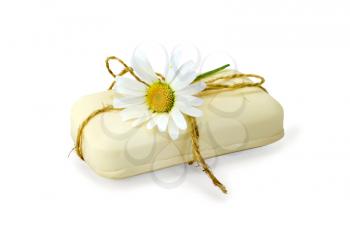 Bar of white soap, tied with twine, daisy flower isolated on white background