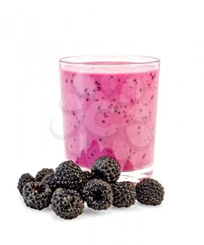 Glass with milkshake, blackberries isolated on white background