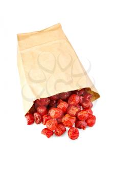 Major dried candied cherry in whole paper bag isolated on white background