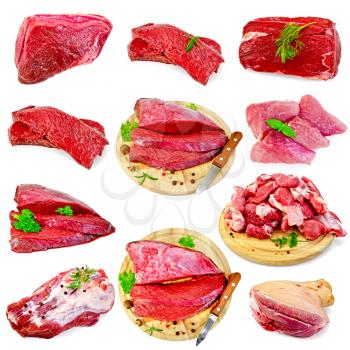 Collection of images of beef and pork, spices, parsley isolated on a white background