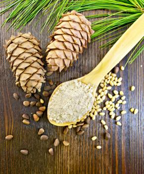 Cedar Flour in a wooden spoon, cedar nuts and  two cones, cedar branch with green needles on the background of the wooden planks on top