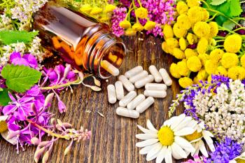 Capsules in a brown jar and on the table, fresh flowers of fireweed, tansy, chamomile, clover, yarrow, meadowsweet, mint leaves on a background of dark wooden board