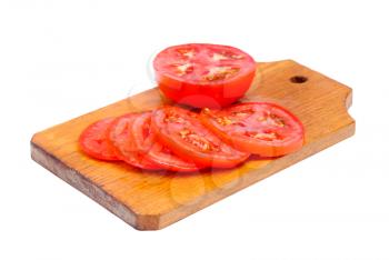 whole and sliced fresh red tomatoes on  cutting board isolated on white background


