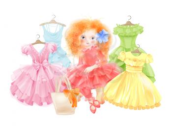 Glamour girl and set of festive dresses for summer party. Princess style 