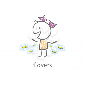 Royalty Free Clipart Image of a Girl and Flowers