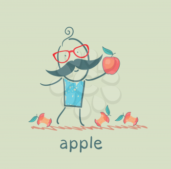 man holding an apple lying around and eats apples