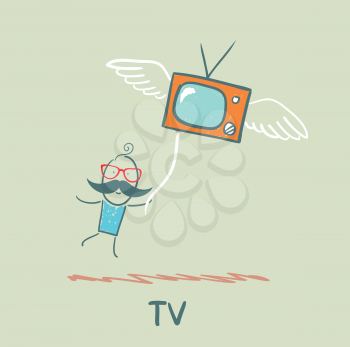 man flying with TV