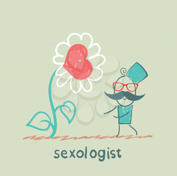 Sexologist stands near a large flower with a heart