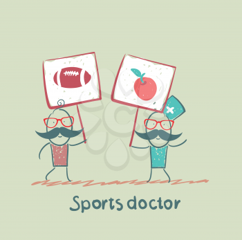 Sports doctor holds a banner with a painted apple and next man holds a poster with a soccer Ball