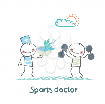 Sports doctor gives a healthy meal to the person who holds the dumbbells