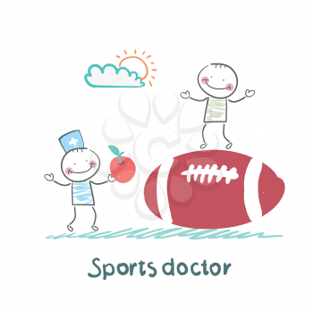 Sports doctor giving an apple to the person who sits on a huge soccer ball