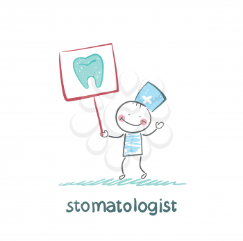 stomatologist with a placard on which painted a tooth