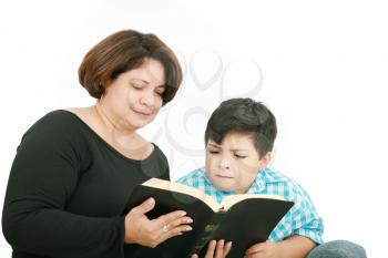 mom and son reading the Bible.