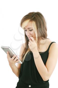 woman holding new electronic tablet touch pad computer pc and thinking about idea, one hand touches the digital screen isolated on a white background 
