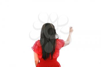 A business woman writing something isolated on white background. 
