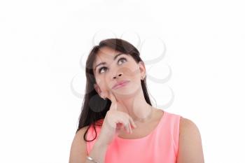 Portrait of a beautiful young woman thinking, isolated on white background