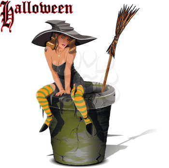 Illustration of a Beautiful Witch on a Mortar