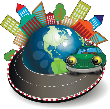 Illustration of a green car is traveling around the globe
