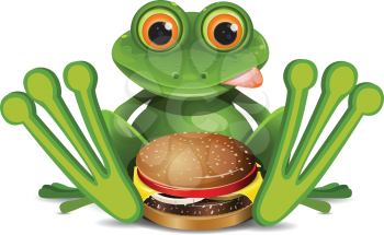 Stock Illustration Frog with Cheeseburger on a White Background