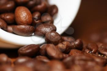 Macro shot of roasted coffee grains on a wooden board