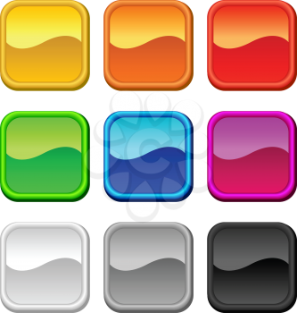 Glossy blank square rounded buttons in nine colors.