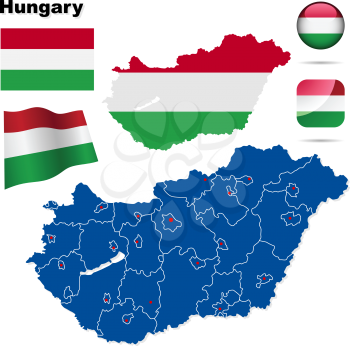 Hungary vector set. Detailed country shape with region borders, flags and icons isolated on white background.