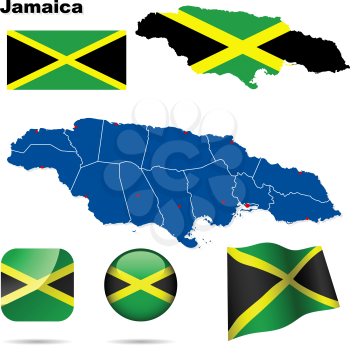 Jamaica vector set. Detailed country shape with region borders, flags and icons isolated on white background.