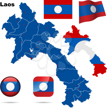 Laos vector set. Detailed country shape with region borders, flags and icons isolated on white background.