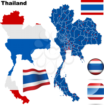 Thailand vector set. Detailed country shape with region borders, flags and icons isolated on white background.