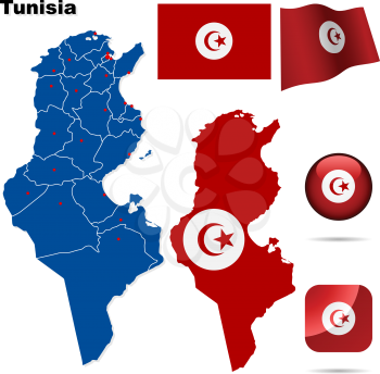 Tunisia vector set. Detailed country shape with region borders, flags and icons isolated on white background.