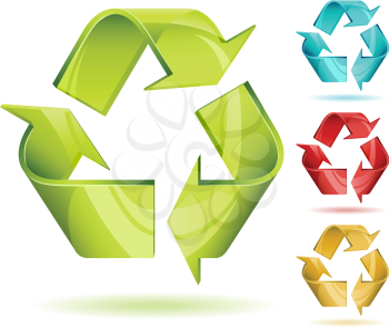 3D glossy recycle vector icon isolated on white with color variants.